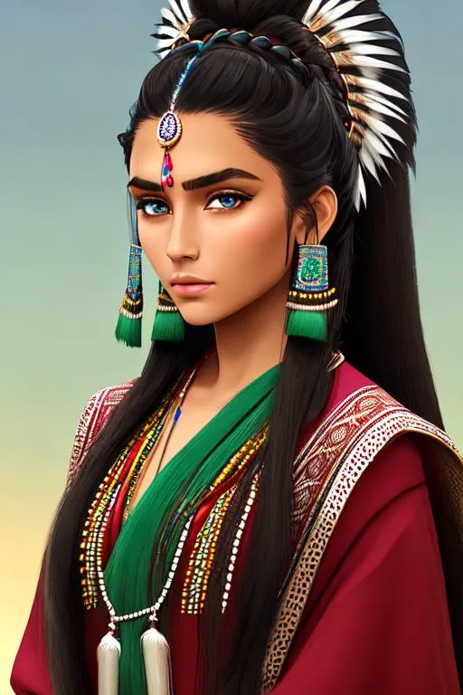 Prompt: young indian native female , dark green long hair, very beautiful face, long hair, and, blue eyes , straight eyebrows,  hairstyle, cheyenne updo, navajo updo,
perfect composition, photo realistic, super detailed, high quality, sharp focus, studio photo, intricate details, highly detailed