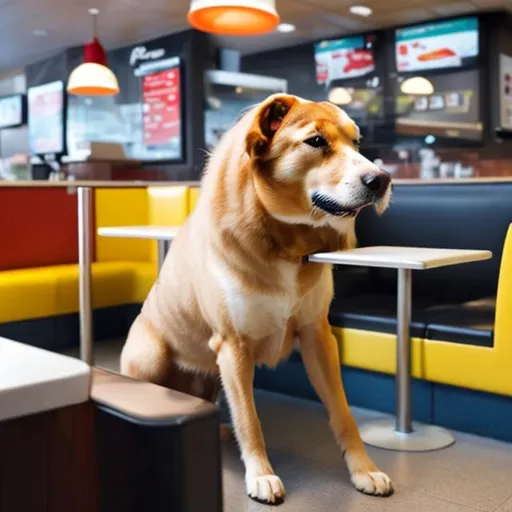 Prompt: A dog at mac donalds eating a burger