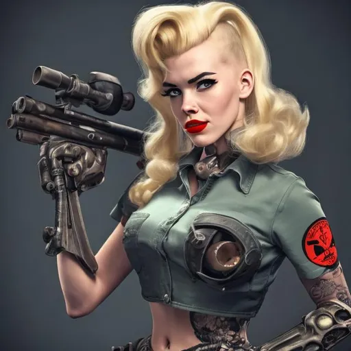 Prompt: realistic 50's rockabilly cyborg blonde  with rifle




