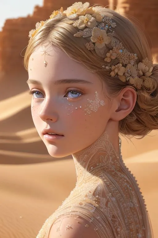 Prompt: ((best quality)), ((masterpiece)), ((realistic)), (detailed) illustration photographic, 1 girl, cracked sand on the face, beautiful, sand dress, desert background, high resolution scan, hd octane render, masterpiece, hyperrealism, delicate detailed complex, highly detailed, intricate detailed, volumetric lighting, light reflection, highly detailed concept art, trending on artstation, vivid colors,  (((close up face shoot))), dim lights, 8k uhd, realistic, Nikon z9, raytracing, focus face, (sharpness:2. 0)
