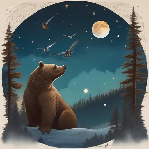 Prompt: A profile beautiful and colourful picture of a handsome man with brunette hair and a mustach, is surrounded by Sitka Spruce trees, a brown bear, and a goose in flight, framed by the moon and constellations, in a painted style