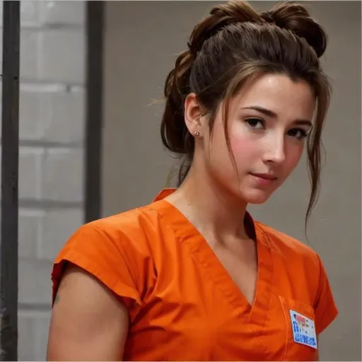 Prompt: Aerith Gainsborough in prison wearing orange scrubs prison uniform