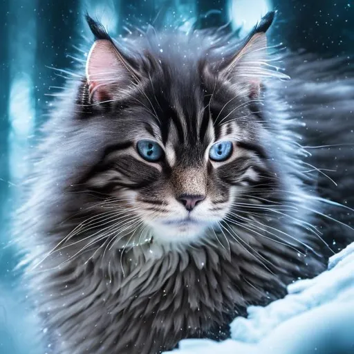 Prompt: highly detailed norwegian forest cat, highly detailed eyes, highly detailed cat fur, high resolution scan, 64k, UHD, HDR, hyper realistic, canon EOS R5, canon EF 400mm f/5.6 ii, unreal engine, neon lighting, forest context, 3D illustration, crystal clear eyes, moon background, long shot.
