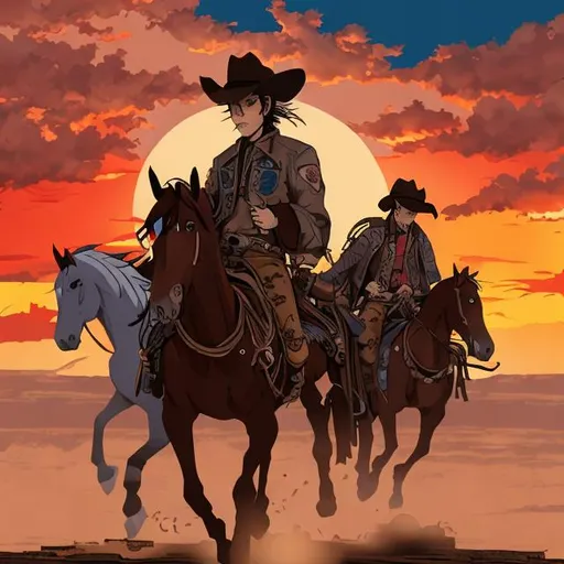 Prompt: cowboy anime  style with revolvers and shotgun riding mustang horses  on a sunset
