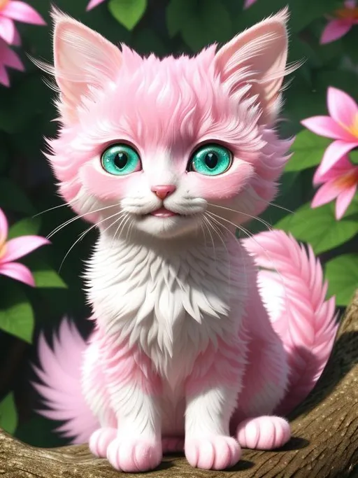 Prompt: Glittering close up cute and adorable pink colorful cat gremlin widely smiling creature on a tree, filigree, long striped tail, reflective eyes, flowers, rim lighting, lights, extremely fluffy, detailed eyes. magic, surreal, fantasy, digital art, Alise in Wondeland style, wlop, artgerm and james jean, extremely detailed teeth, cute teeth, kids story book style, muted colors, watercolor style, kids story book style, muted colors, watercolor style
