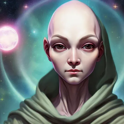 Prompt: androgynous, benevolent, innocent, ALIEN femme, medium skin, bald, soft expression, full lips, holding an orb, wearing cloak, surrounded by stars