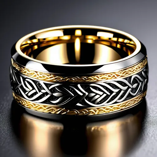 Prompt: Black tungsten ring carved with subtle but intensely detailed celtic carving Inlayed with 22kt gold as a centre ring, shown alone with a black background.