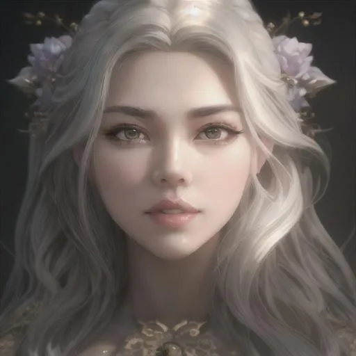 Prompt: Portrait of a Beautiful woman, kidmo face,cute, korean face, beautiful big eyes, intricate silver hair, intricate, anime vibes, sun shadow effect, white skin, smiling, perfect body, perfect eyes, uhd, super detailed, hd, 4k,8k, unreal engine 8k octane,  lighting studio, trending on artstation, oil painting, fractal, perfect composition, full colors, hyperrealistic, Digital art by greg rutkowski, unreal engine, smooth face, 