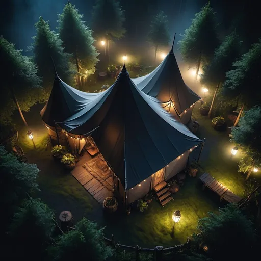 Prompt: Top-down view of a dark fantasy medieval trapper camp in forest, detailed small tent and eerie lighting, mystical fog surrounding the area, high quality, dark fantasy, top-down angle, mystical fog, detailed tent, eerie lighting, atmospheric, professional, detailed environment, hedges, towering trees, lamps, lights