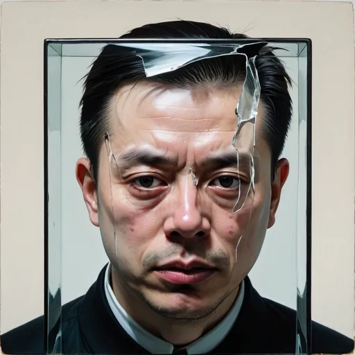 Prompt: chinese male, head, noir, figurative, human figure, abstract, existentialism, francis bacon, uncomfortable, broken glass