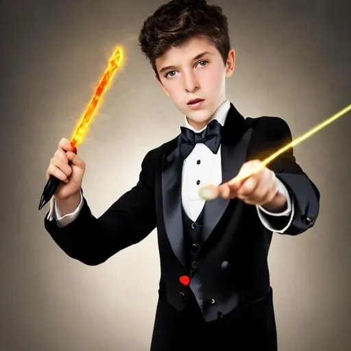 Prompt: 13 year old boy in a tuxedo holding his magic wand in a threatening manner saying don’t move or I will cast a magic spell on you