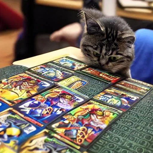 Prompt: cat playing yu-gi-oh card game