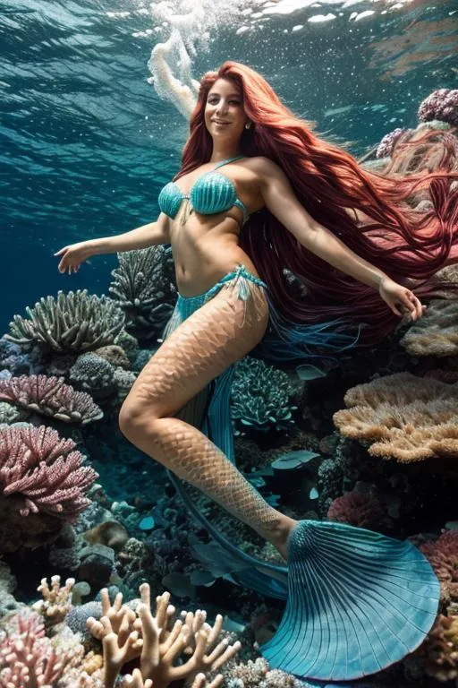 Prompt: A beautiful mermaid with long, flowing hair and a tail of blue scales, swimming in a coral reef.