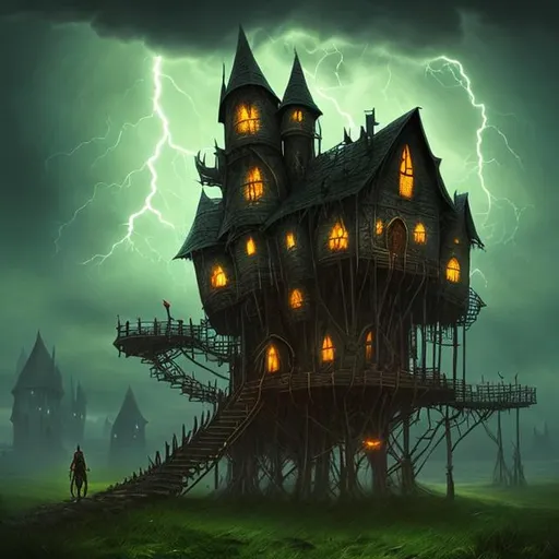 Prompt:  dark fantasy art style, nighttime, lightning, evil, nightmare, travelling house, house that can walk, house with legs, bird legs, house on stilts, bird feet, evil witch, witchcraft, green lights