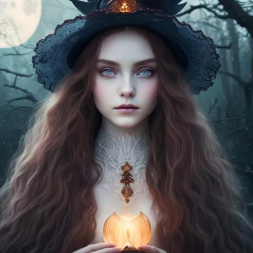 Prompt: Detailed and mystical portrait of a young beautiful witch with ivory clear skin, long flaming red hair and deep  eyes.  Perfect female anatomy and gorgeous, night light, moonlight, vivid,dramatic, magical, fantasy, 8k, high detailed, dramatic light