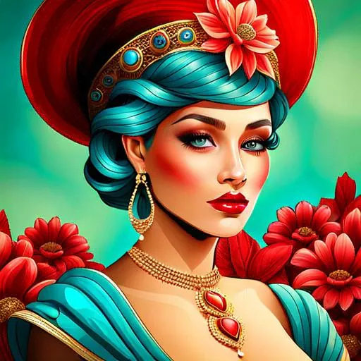 Prompt: Beautiful ethereal woman. color scheme of tuquoise and red., wearing turquoise and gold jewlery, wearing a red hat with red flowers, facial closeup