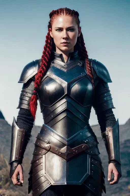 Prompt: Digital art, woman viking, red hair, cornrow braids, blue eyes, black gear, black armor, unreal engine 8k octane, 3d lighting, full body, full armor