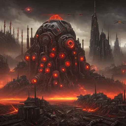 Prompt: Evil dictatorship, red lights, Biological mechanical war machine, fantasy art style, dystopian, apocalyptic, nuclear weapons, painting, city, metropolis, guns, bullets, teeth, eyes, dragons, snakes, lizards, venomous snake, giants