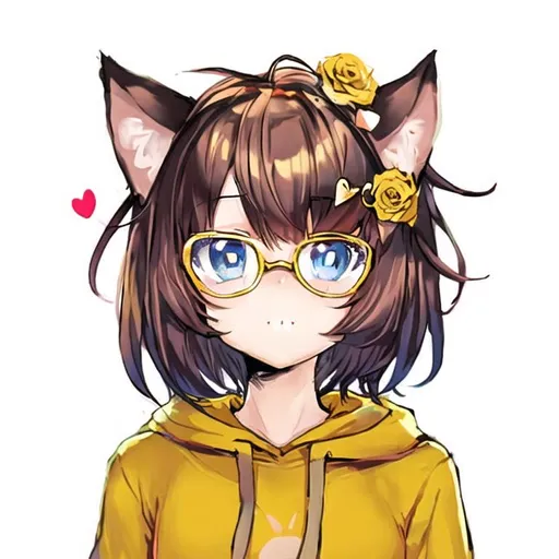 Prompt: Portrait of a cute cat girl with short hair and blue eyes wearing a yellow hoodie, flower crown, and heart-shaped sunglasses 