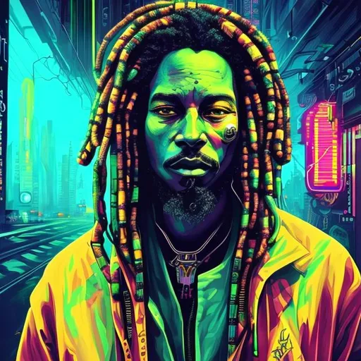 Prompt: hypnotic illustration of a smoking rasta, Cyberpunk, neon, Hyper-realistic,