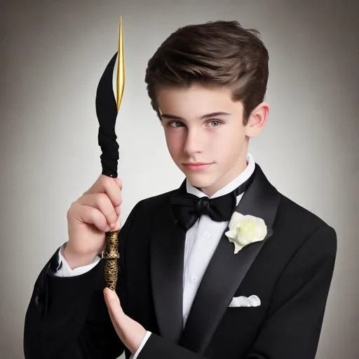 Prompt: Attractive 16 year old boy in a tuxedo holding his magic wand that looks like a classic magicians wand black with white tips on both ends. He is selecting a new tuxedo to buy.