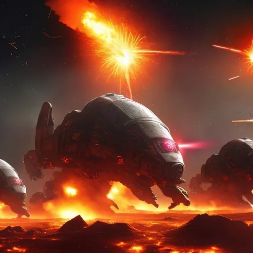 Prompt: army of small spacecraft invasion destroying an enemy alien race, lasers, lots of fire, smoke, and dust, outer space, dark red and yellow