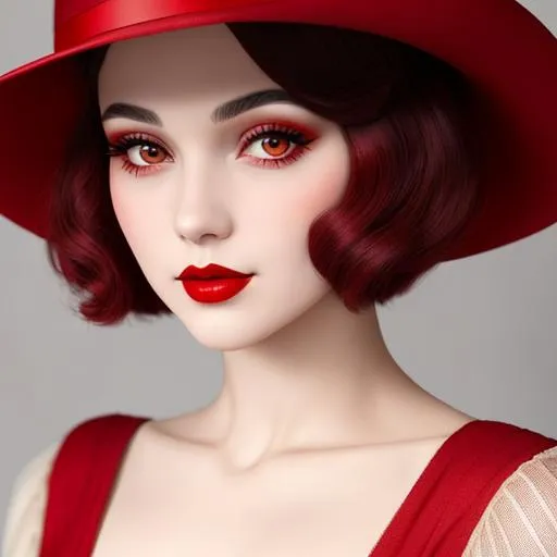 Prompt: a pretty girl  dressed in red, wearing a  large red hat 1920's era, bob hair cut, 1920's era makeup, facial closeup