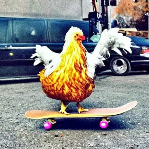 Prompt: Cool skateboarding chicken