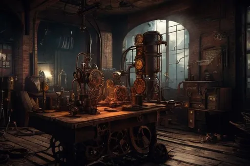 Prompt: steampunk workshop, superrealistic, sharp photo, dark atmosphere, ruined inerior, cobwebs, broken windows