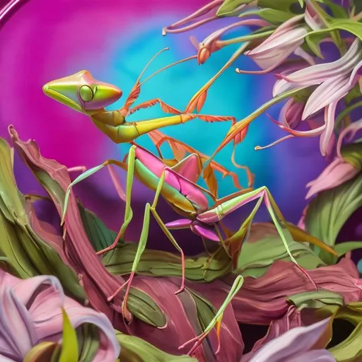 Prompt: Devils flower mantis diorama in the style of Lisa frank
