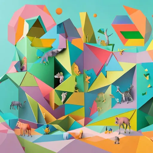 Prompt: Wildlife sanctuary with animals in it made out of geometrical figures for a child’s magazine