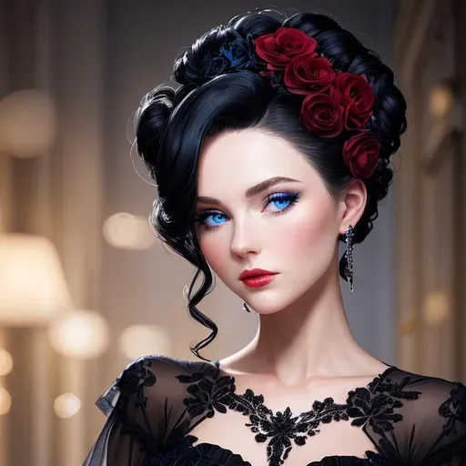 Prompt: Beautiful woman portrait wearing a black evening gown, blue eyes, black hair, dark eyes, ruby jewelry,elaborate updo hairstyle adorned with flowers, facial closeup