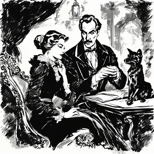 Prompt: (Vincent Price with a pencil thin mustache conversing with Bella Lugosi), Black and White pen and ink sketch style, dark color scheme, elegantly gothic attire, intricate details, dim lighting, dramatic shadows, opulent background, luxurious textures, ornate furniture, deep reds and blacks, baroque patterns, solemn atmosphere, rich color tones, dark romanticism, ultra-detailed, 4K, photorealistic masterpiece, timeless elegance.