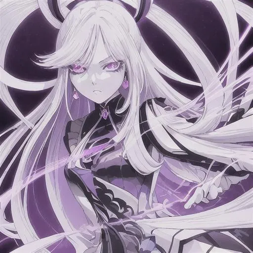 Prompt: (masterpiece), best quality, Genshin Impact Art Style Anime girl,  Monochrome aesthetic, long white hair,  detailed purple eyes,  highly detailed black and white  clothing, Electro vision on earring, no messed up hands, no blurry image, no extra limbs, no cut off hands, full body, detailed backround, 