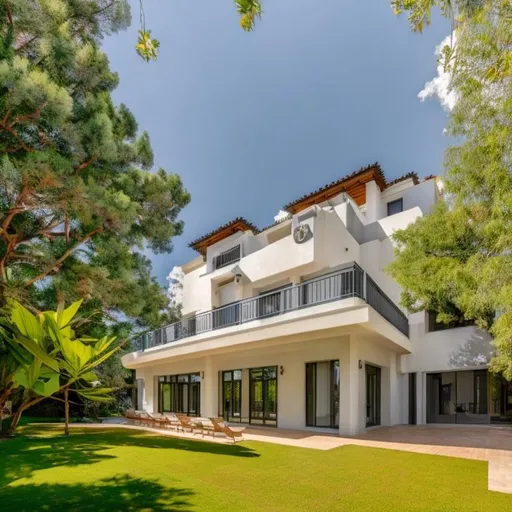 Prompt: Exterior image of the villa with large windows and catching light, with a large balcony and roof garden and tall trees with landscape 8k
