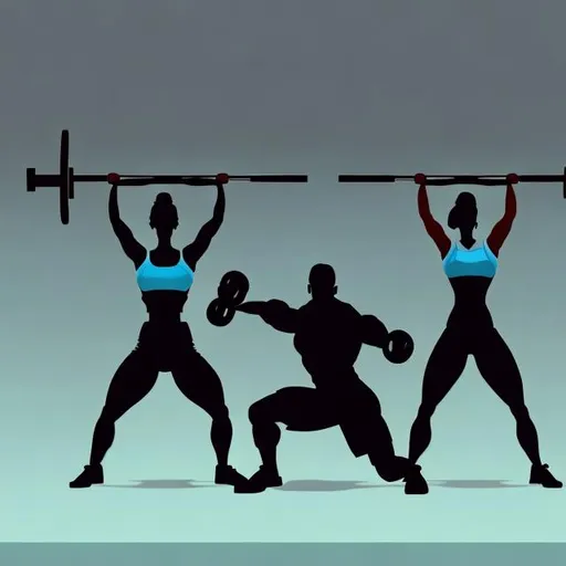 Prompt: Background: Subtle image of a well-lit gym, focusing on the dumbbells, bars and weight machines.
Central element: Stylized male and female silhouettes in a weightlifting stance. Both silhouettes should be executing the movement in a technical and correct manner, emphasizing proper form.
Colors: Neutral color palette (such as grey, black, white) with blue or green accents.