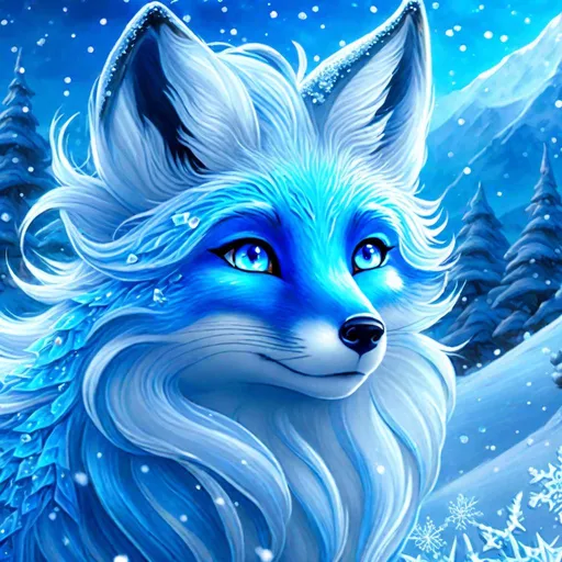 Prompt: UHD, 8k,  oil painting, Anime,  Very detailed, zoomed out view of character, HD, High Quality) Adolescent vixen fox, ice elemental, deep blue pelt covered in frost, bashful hypnotic sapphire blue eyes, calm bashful smile, gorgeous silver mane covered in snowflakes, slightly plump, moonlight beaming through clouds, grassy field covered in frost, cool colors, professional, unreal engine, depth, volumetric lighting