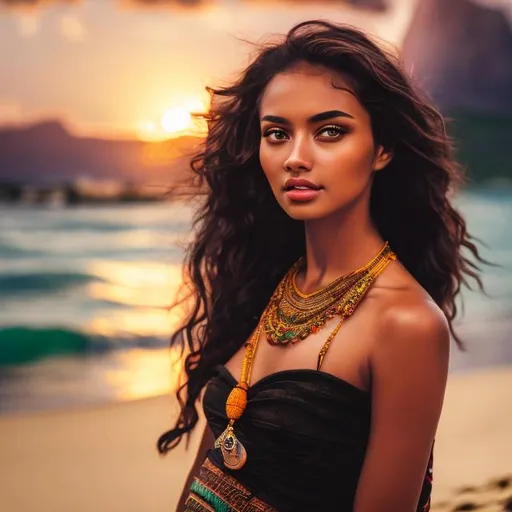 Prompt: professional modeling photo live action human woman hd hyper realistic beautiful polynesian woman black beach wavy hair brown skin light brown eyes beautiful face traditional island  dress with jewelry enchanting polynesian beach hd background with live action ocean at sunset