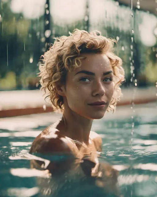 Prompt: Photo
cinematic photo .Beautiful well built woman, dirty blonde hair, curly short hair, skinny dipping in a swimming pool, 
35mm photograph, film, bokeh,
professional, 4k, highly detailed