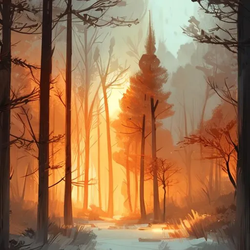 Prompt: forest concept art sketch artstation style warm colors winter aesthetic