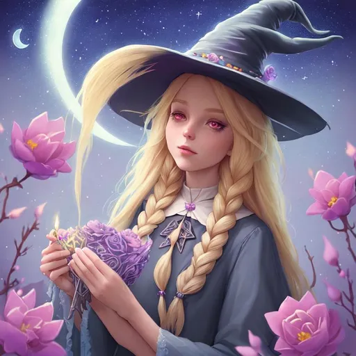 Prompt: witch with long blonde hair, doing magic, wearing witch hat, cute, flowers, aesthetic, pastel, fairycore, disney, pixar, moon, stars, witchcraft, in a starry pastel sky,  sweet, dreamy, award winning illustration, artstation, highres