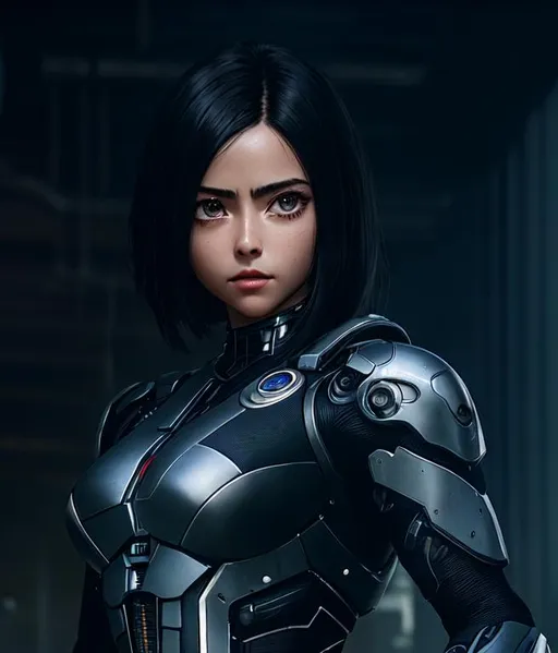 Prompt: alita, full body,brow eyes ,perfect composition, render trending on artstation, 8 k artistic photography, photorealistic concept art,natural volumetric cinematic perfect light, robotic ,black hair, Digital illustration, gorgeous ,perfect composition, render trending on artstation, 8 k artistic photography, photorealistic concept art, natural volumetric cinematic perfect light,cyborg