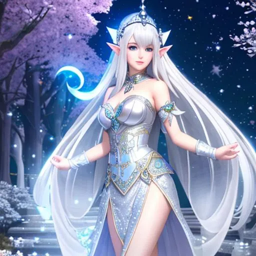 Prompt: Beautiful elf goddess, silver hair and white glamorous skin, young, full body, 8k, UHD, 3d anime art