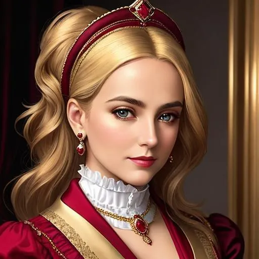 Prompt: Wealthy, stylish lady of the Victorian era, blonde hair, wearing ruby and gold jewelry, wearing ,facial closeup