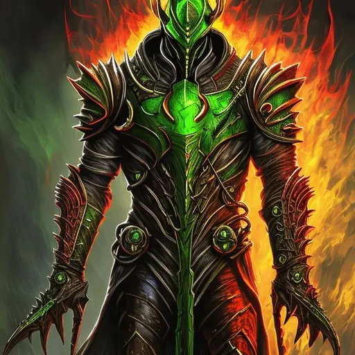Prompt: 
daedric dremora,  30 year red armor, green fire background, elder scrolls art