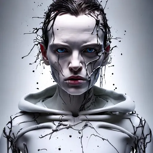 Prompt: exploded android, in the style of Gottfried Helnwein, extremely cinematic,details, details lips, details hair, looking at viewer, shadow, Light reflection on the skin, wet skin, Masterpiece, skinny, natural lighting realistic,