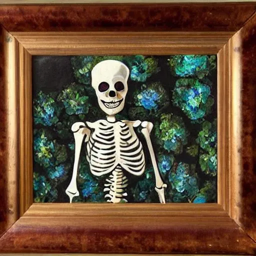 Prompt: a painting of a skeleton in the garden with hydrangeas