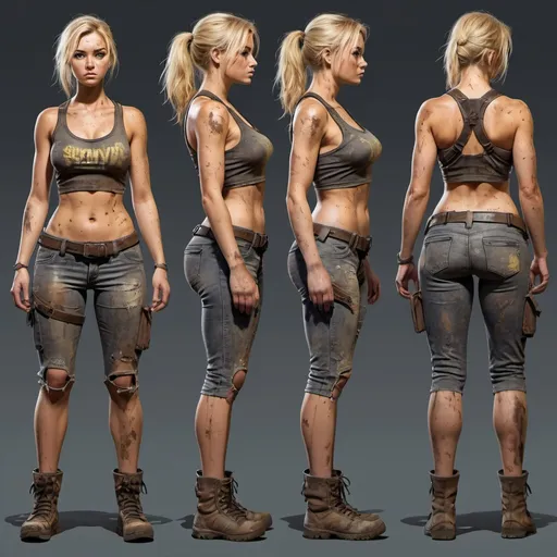 Prompt: Character illustration sheet for a post-apocalyptic survivor. She is a 21 year old woman. Grungy, dirty, attractive, curvy, athletic, tanned, blonde, wearing tight form-fitting clothes, multiple angles, rear focus, intense aura