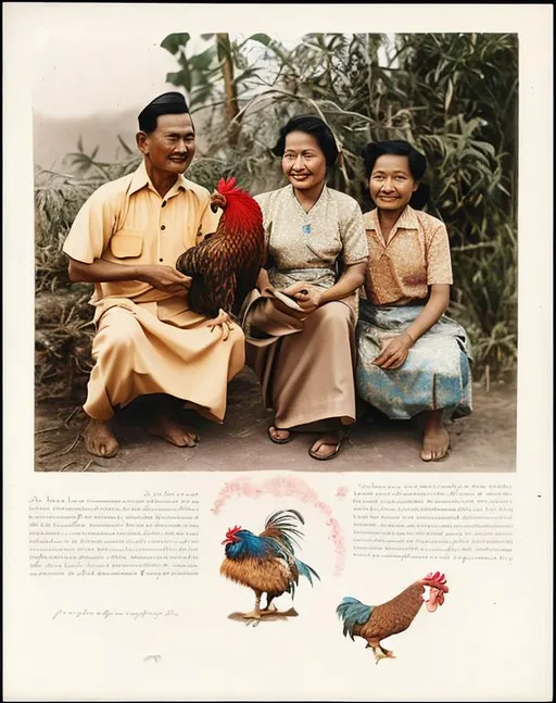 Prompt: A Javanese couple in 1940s holding a rooster.