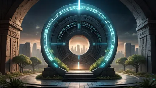 Prompt: magical portal between cities realms worlds kingdoms, circular portal, ring standing on edge, upright ring, freestanding ring, hieroglyphs on ring, complete ring, ancient babylonian architecture, gardens, turned sideways view, futuristic cyberpunk tech-noir setting